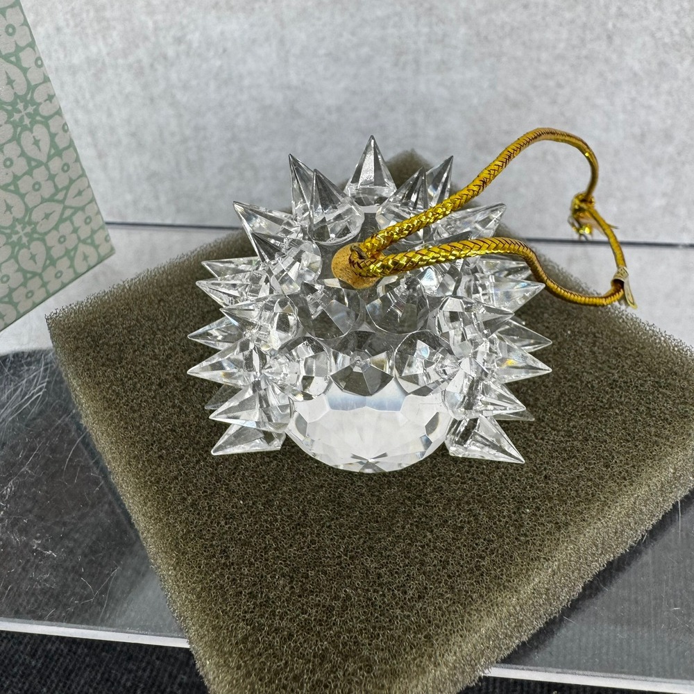 Vtg Cut Crystal Hedgehog Ornament Christmas Holiday Figurine Gold Cord Box - Picture 5 of 11